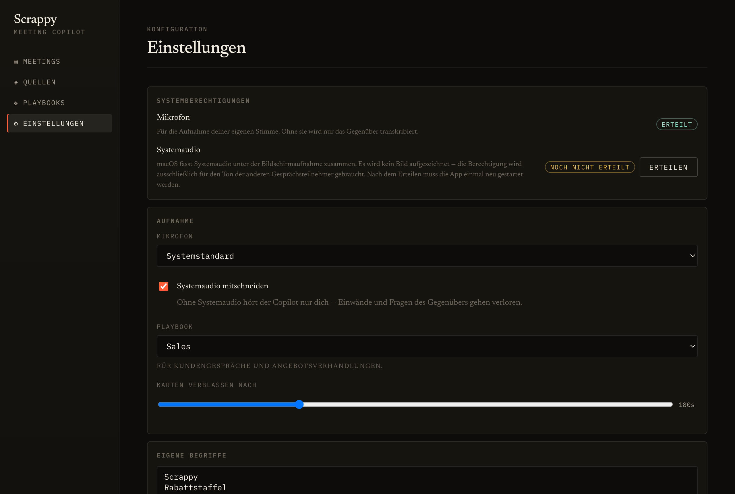 Einstellungen mit Lizenz, Kontingent und Aufnahmegeräten