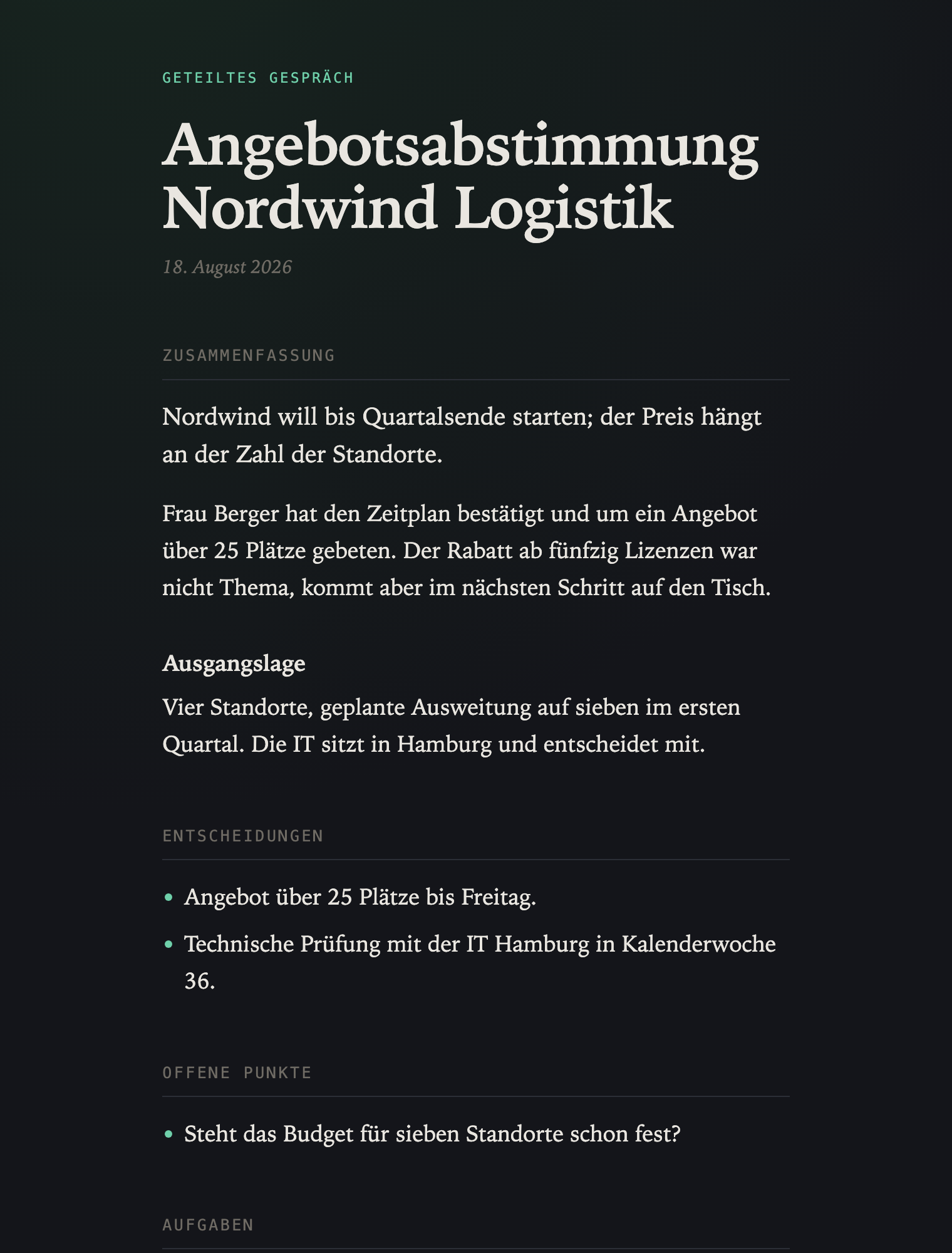 Öffentliche Freigabeseite mit Zusammenfassung und Aufgaben
